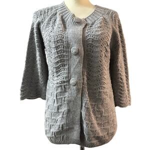 Margaret O'Leary Grey Textured Knit Cardigan, Pointelle & Basketweave, Small
